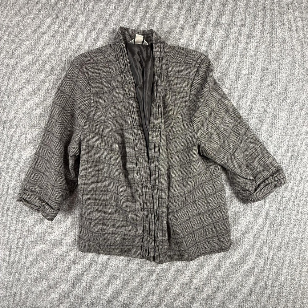 CJ Banks Blazer Jacket Womens 1X Gray Plaid Knit Open Front 3/4 Sleeve Lined